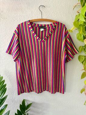 Vintage Rainbow Striped Tee | Made in USA | 90s Colorful Cotton Top | Cool Wear